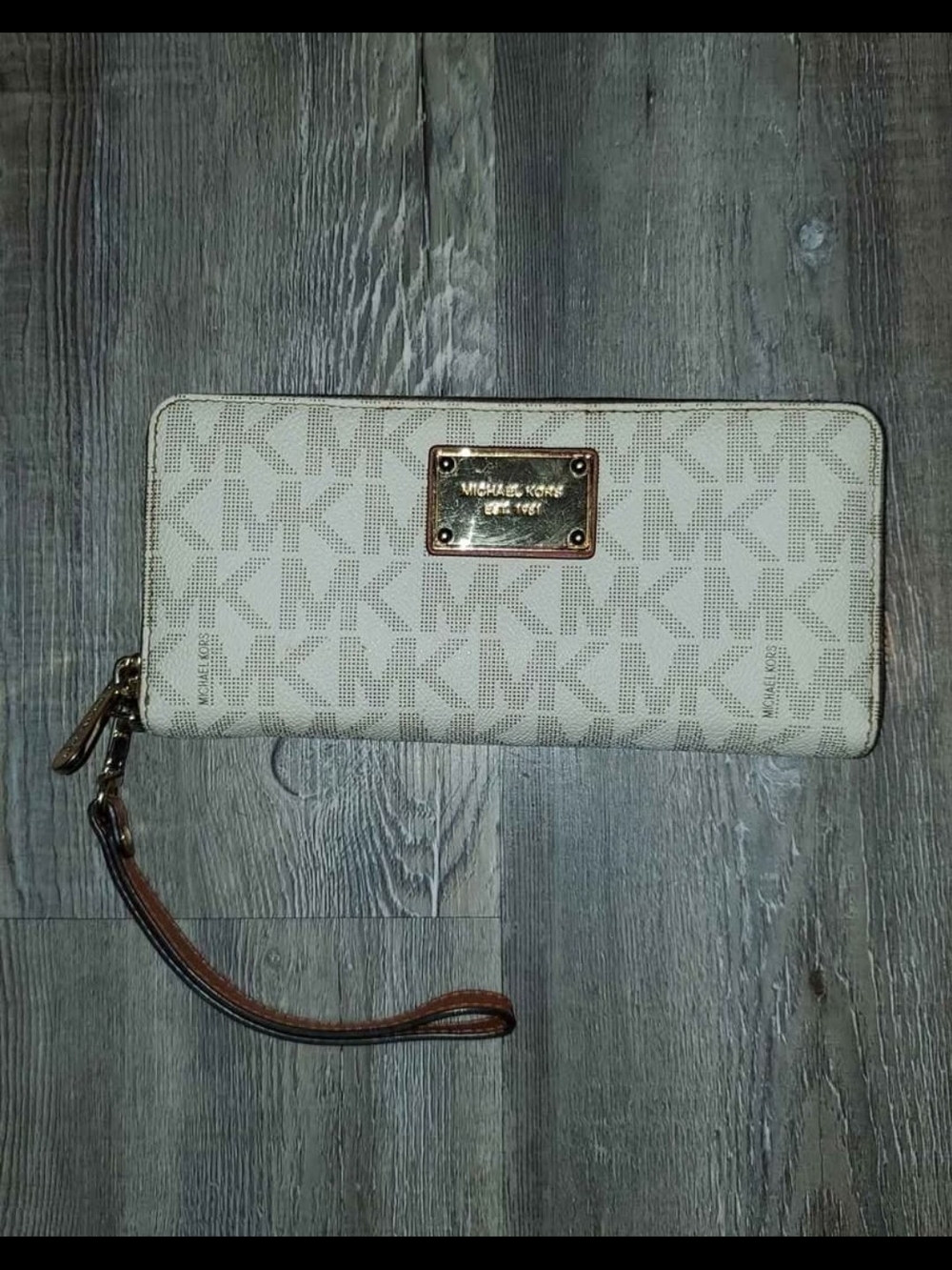 Michael Kors Cream and Brown Monogram Zip Wallet with Gold Plate